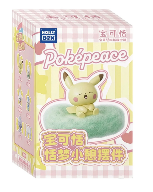 Poképeace Sweet Dreams HollyBox Pokémon sleeping figure blind box packaging featuring Pikachu on a cushion